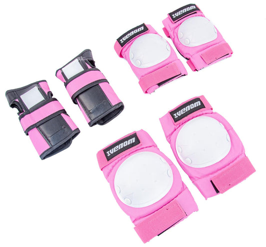 Venom Triple Knee/Elbow/Wrist Pad Set - Pink White - Littletrax Kids Electric Bikes
